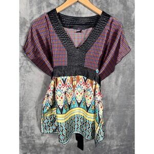 Oboe‎ Womens Tunic Top Blouse S Multicolor Paisley Bohemian Dolman Sleeve